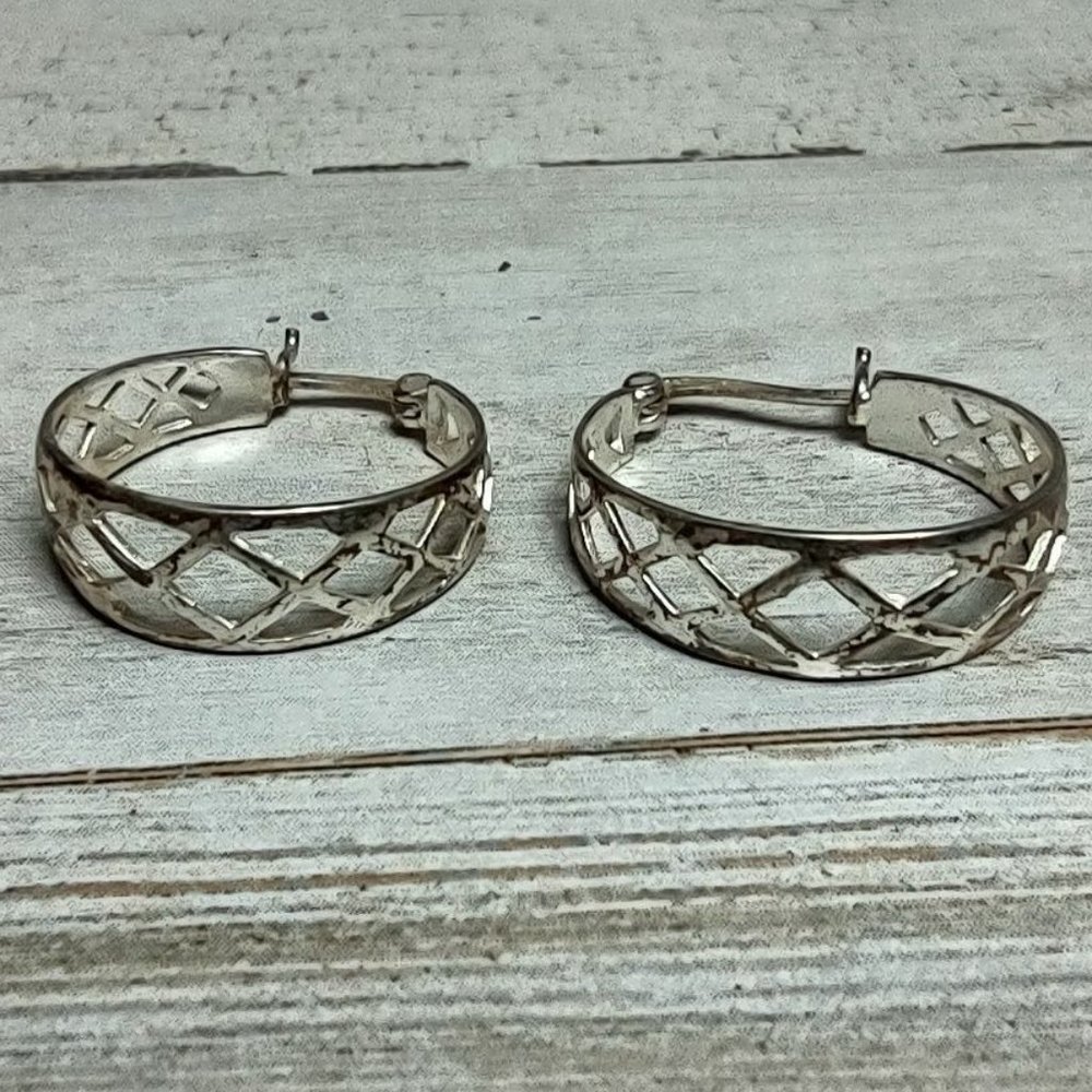 Vintage IBB Lattice 925 Sterling Silver Hoop Earrings Thailand